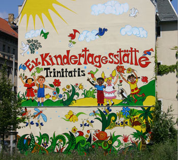 Wandbild an der Giebelseite Kohlgartenweg 3 in Leipzig, Foto: Lutz Schober
